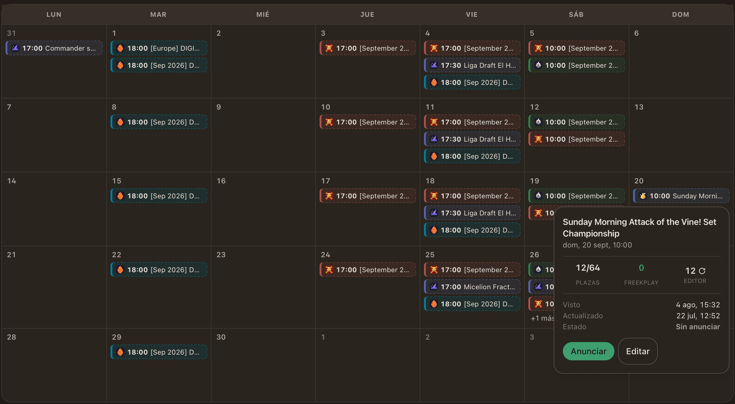 Calendario del panel de una tienda en FreekPlay: un mes con torneos de varios juegos y la ficha de uno de ellos con sus plazas, sus preinscritos y los botones Anunciar y Editar